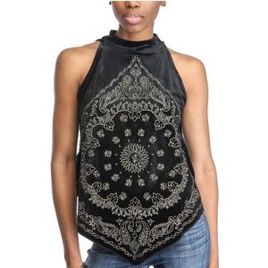 Free People Black Velvet Embroidered Bandana Top Women Size Large NWT
